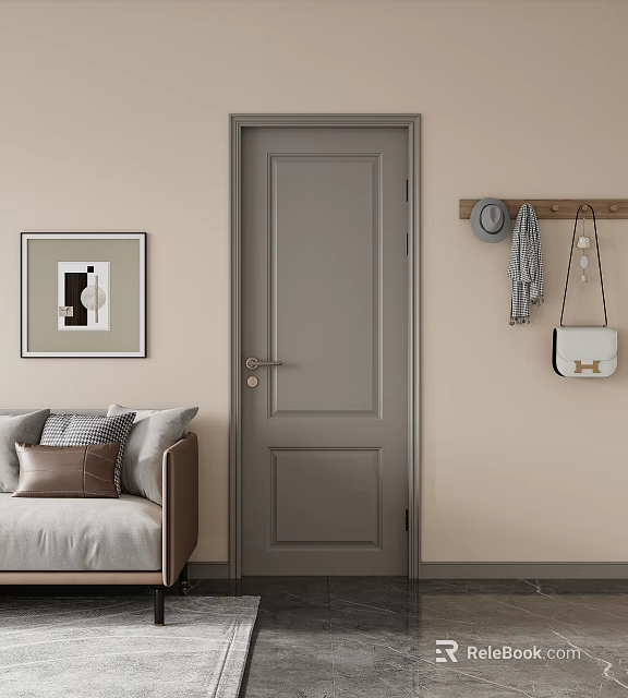 Modern Gray Hinged Door In Living Room Interior With Sofa And Wall Decor 3d model 