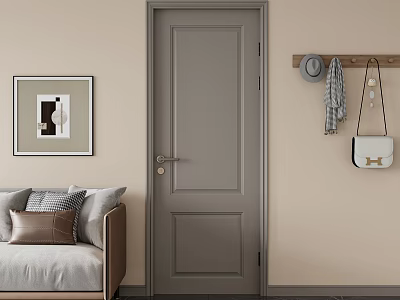 Modern Gray Hinged Door In Living Room Interior With Sofa And Wall Decor 3d model
