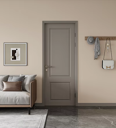 Modern Gray Hinged Door In Living Room Interior With Sofa And Wall Decor 3d model