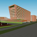 Modern School Building Complex With Red Brick Facade Green Courtyard Lawn And Students