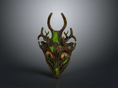 Mystical Animal Mask With Antler Horns Green Moss And Wooden Texture 3d model