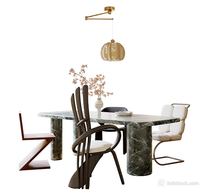 Elegant Dining Table Set With Marble Tabletop Modern Chairs Pendant Light And Flower 3d model