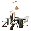 Elegant Dining Table Set With Marble Tabletop Modern Chairs Pendant Light And Flower 3d model