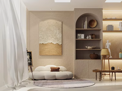 Entertainment Room Interior With Beige Walls Abstract Painting Arched Shelves And White Sofa 3d model