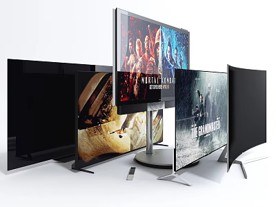 Modern Televisions With Curved And Flat Screens And Stands Displaying Movie Scenes 3d model