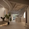 Modern Reception Area With Curved Lines Green Plants Mirrors Staircase And Soft Lighting