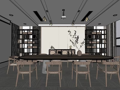 Modern Office Interior Design With Long Table Surrounding Chairs Side Bookshelves And Decorative Plants 3d model