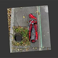 Red Scooter Parked Near Tree Stump With Fallen Leaves On Gray Pavement