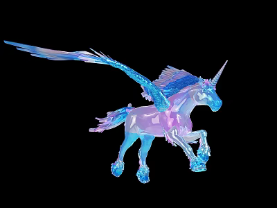 Iridescent Winged Unicorn Sculpture With Crystal Body And Running Pose On Black Background 3d model