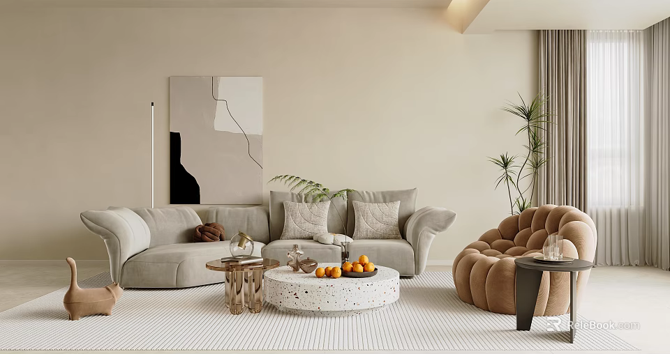 Modern Light Gray Sofa and Round Coffee Table Set with Cushions Oranges and Brown Armchair 3d model 