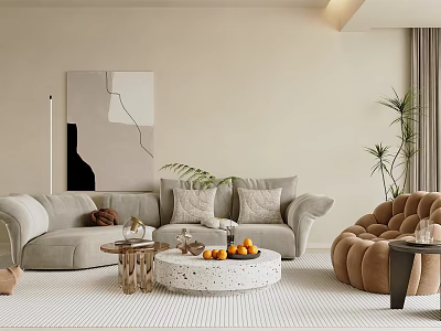 Modern Light Gray Sofa and Round Coffee Table Set with Cushions Oranges and Brown Armchair 3d model