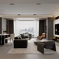 Modern Minimalist Living And Dining Room Interior With Comfortable Sofas And Built In Storage Cabinets