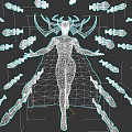 Mystical Game Character in Green Costume With Flowing Cape Arms Outstretched And Floating Dark Fragments