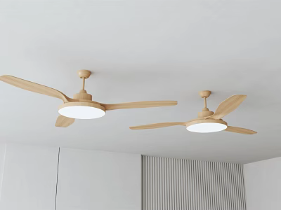 Two Ceiling Fans With Wooden Blades And Lights In Modern Interior Space 3d model