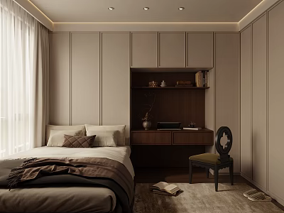 Modern Tatami Bedroom Interior With Tatami Bed Wooden Desk And Chair Curtains 3d model