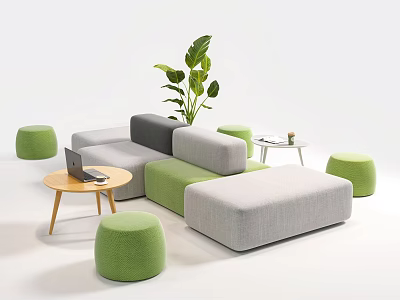 Gray Green Leisure Sofa Set with Modular Design Green Ottomans Coffee Table Laptop and Plant 3d model