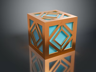 Golden Decorative Cube With Hollowed Geometric Patterns Blue Interior And Base Reflection 3d model