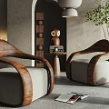 Modern Leisure Sofa Set With Curved Wooden Arms In Minimalist Interior With Potted Plant And Hanging Lamp