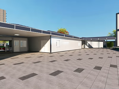 Modern Container Style Office Building Featuring Open Plaza Gray Floor Tiles And Green Plants 3d model