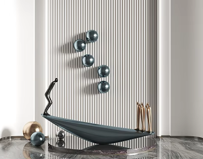 Contemporary Sculptural Art With Metal Spheres Black Structure And Golden Accents On Striped Wall 3d model