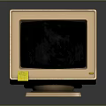 Vintage Beige Computer Monitor With Black Screen Yellow Sticky Note And Red Button