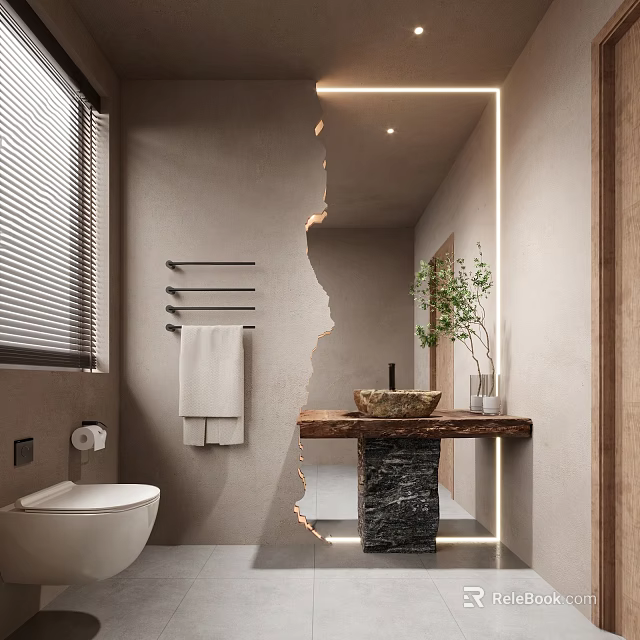 Modern Bathroom Interior Featuring Framed Mirror Stone Countertop Concrete Walls And Green Plant 3d model 