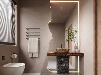 Modern Bathroom Interior Featuring Framed Mirror Stone Countertop Concrete Walls And Green Plant 3d model