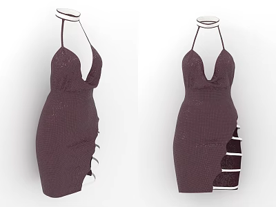 Purple Halter Neck Dress with Deep V Neck Sparkling Sequins and Side Slit Design 3d model