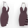 Purple Halter Neck Dress with Deep V Neck Sparkling Sequins and Side Slit Design