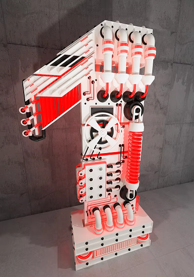 Industrial Mechanical Equipment With Red Pipes White Components Gears And Springs 3d model