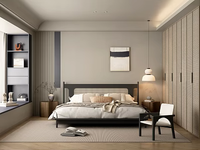 Modern Bedroom Interior Design With Cozy Bed Decorative Art Pendant Light And Wooden Bookshelf 3d model