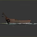 Wooden boat with tire lantern and fishing gear on blue water with yellow sunlight waves