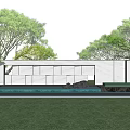 Modern Landscape Wall Design With White Stone Panels Reflecting Pool Green Trees And Cherry Blossom