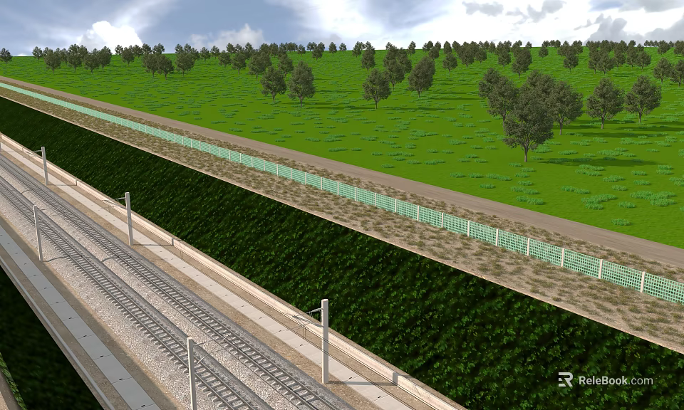 Modern Railway Infrastructure With Green Vegetated Slopes Safety Fence And Trees 3d model 