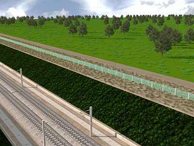 Modern Railway Infrastructure With Green Vegetated Slopes Safety Fence And Trees 3d model