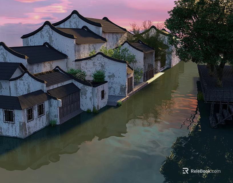 Ancient Architecture With White Walls Black Tiles By Waterfront Sunset Reflections And Trees 3d model 