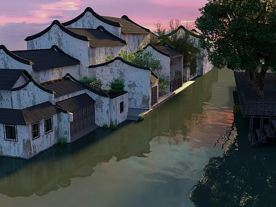 Ancient Architecture With White Walls Black Tiles By Waterfront Sunset Reflections And Trees 3d model