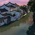 Ancient Architecture With White Walls Black Tiles By Waterfront Sunset Reflections And Trees