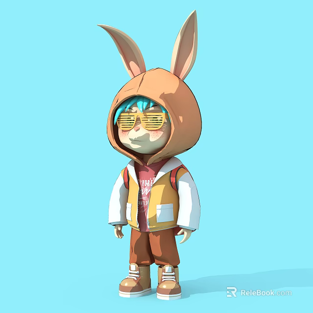 Detailed 3D Sculpture in Rabbit Ear Hoodie Blue Hair Yellow Glasses Vest and Pants 3d model 