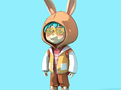 Detailed 3D Sculpture in Rabbit Ear Hoodie Blue Hair Yellow Glasses Vest and Pants 3d model