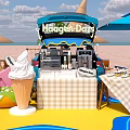 Beachcomber Breeze Ice Cream Stand On Beach With Blue Umbrella Palm Trees And Kids
