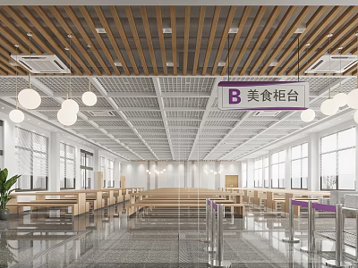 B Food Counter In Modern Dining Hall With Wooden Ceiling Hanging Lights And Tables 3d model