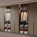 Modern Wardrobe Interior Design With Glass Doors Wooden Cabinets Hanging Shirts And Storage Boxes