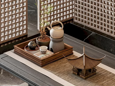 Japanese Style Tea Set with Wooden Tray Teapot Cup Small Potted Plant and Miniature Pavilion 3d model