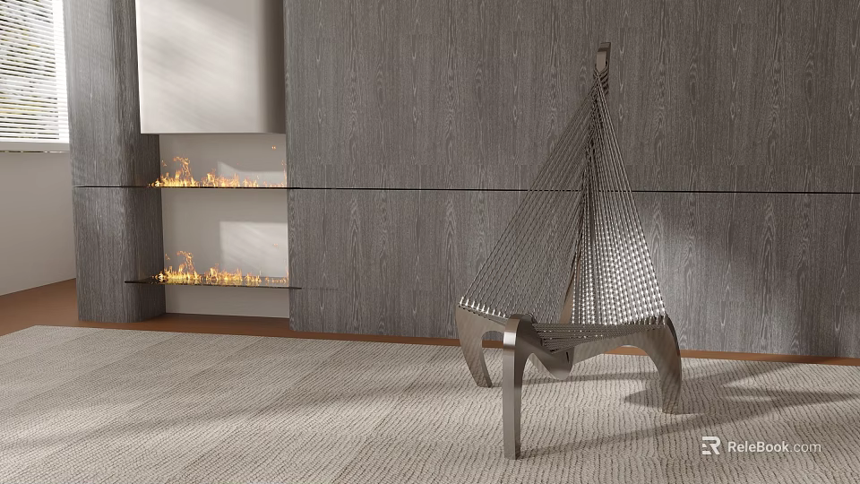 Modern Woven Metal Chair In Room With Wooden Wall Fireplace Flames And Light Rug 3d model 
