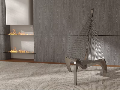 Modern Woven Metal Chair In Room With Wooden Wall Fireplace Flames And Light Rug 3d model