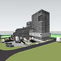 Modern High Rise Office Building With Glass Curtain Walls And Rooftop Greenery In Urban Area