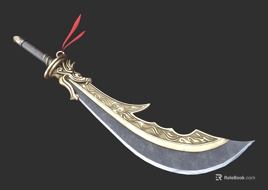 Ornate Medieval Sword With Golden Decorative Hilt Red Ribbon And Silver Blade 3d model 