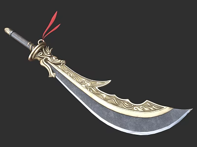 Ornate Medieval Sword With Golden Decorative Hilt Red Ribbon And Silver Blade 3d model