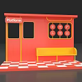 Red Platform Structure With Yellow Bench Red And White Checkered Floor And Circular Signs